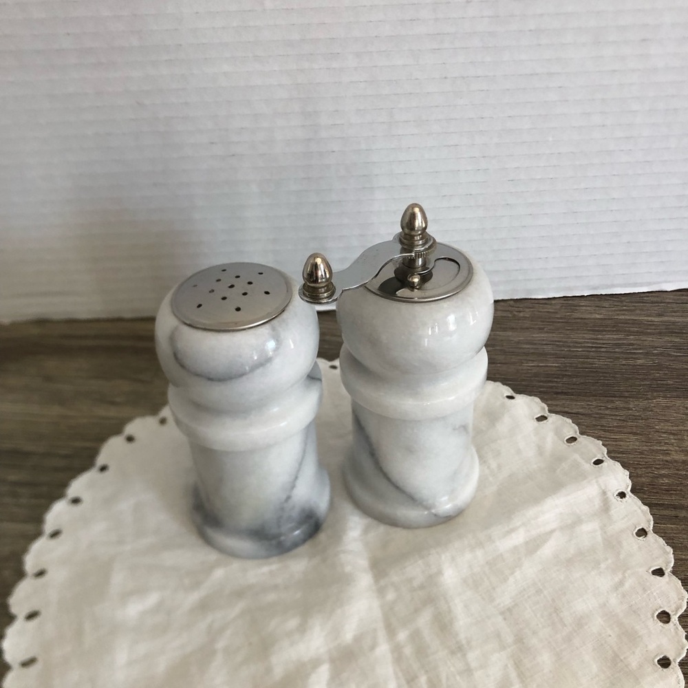 Vtg Marble Salt Shaker and Pepper Grinder